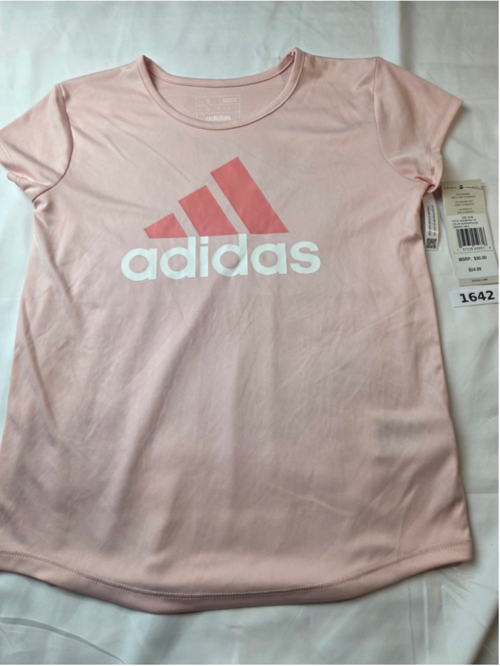 Girls Adidas Short Sleeve Tee Shirt Pink & White Size Small #1641